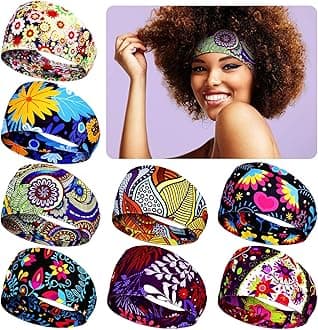 WILLBOND 8 Pcs Wide African Headband for Women Stretchy Boho Print Hairband Non Slip Headwrap Elastic Turban Head Grip Band for Women Yoga Workout Running Hair Accessory(Floral Pattern)