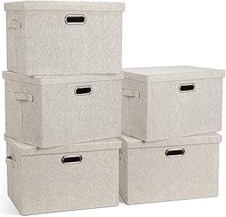 Graciadeco Large 17" 36 Quart Collapsible Stackable Storage Bins with Lids, 5 Packs Beige Linen Fabric Closet Boxes with Lids, Storage Cube Baskets Container Organizers for Bedroom Office(17 x12 x11)