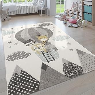 Kids Rug with Cute Animals on a Hot Air Balloon Ride in Pastel, Size: 4'7" x 6'7"