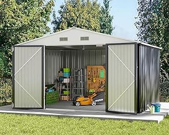 Greesum Metal Outdoor Storage Shed 10FT x 10FT, Steel Utility Tool Shed Storage House with Door & Lock, Metal Sheds Outdoor Storage for Backyard Garden Patio Lawn (10' x 10'), Gray