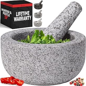 Heavy Duty Large Mortar and Pestle Set, Hand Carved from Natural Granite, Make Fresh Guacamole, Pesto, Stone Grinder Bowl, Herb Crusher, Spice Grinder, 6.3 Inches Wide, 2 Cup - Grey