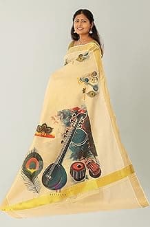 Women's Mural Printed Kerala Gold Tissue Saree with Running Blouse Piece | Traditional South Indian Ethnic Saree for Festivals, Weddings & Special Occasions