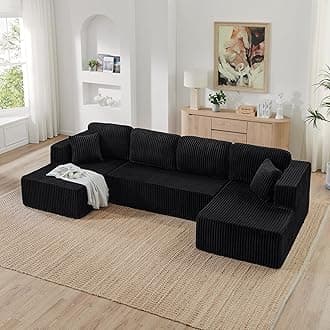 Modular Sectional Sofa Cloud Secttional Couch, 132" Comfy U Shaped Boneless Couches for Living Room, Deep Seat Memory Foam Fluffy Plush Corduroy Couch Sectionals with Chaise, Black