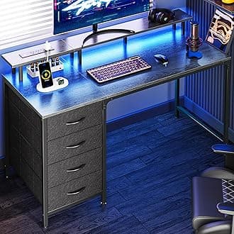 Huuger 47 Inch Computer Desk with Power Outlets and LED Lights, Gaming Desk with 4 Drawers, Office Desk with Monitor Stand, Study Desk Work Desk for Home Office, Small Spaces, Gray