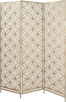 Metal Geometric Partition Screen, 3 Panel Foldable Room Divider, 57" x 79", Brass