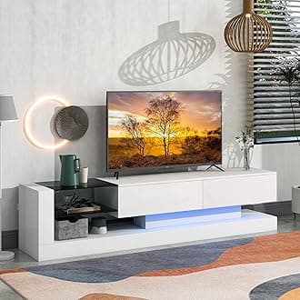 MeraxTV Stand with Media Storage Cabinet, Modern High Gloss Entertainment Center for 75 Inch Television, 16-Color RGB LED Color Changing Lights, for Living Room, White