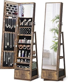 Nicetree 360° Swivel Jewelry Cabinet with Lights, Touch Screen Vanity Mirror, Rotatable Full Length Mirror with Jewelry Storage, Standing Jewelry Armoire Organizer, Gift Idea, Rustic Brown