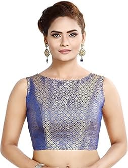 Madhu Fashion Womens Traditional Rich Banaras Brocade Sleeveless Readymade Saree Blouse