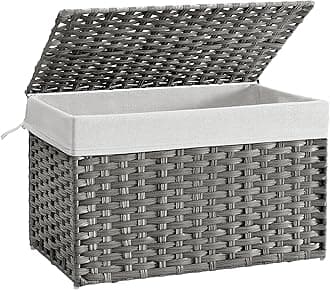 SONGMICS Storage Basket with Lid, 27.7 Gallon (105L) Storage Bin, Woven Blanket Storage Basket with Handles, Foldable, Removable Liner, Metal Frame, for Bedroom, Laundry Room, Gray URST066G01