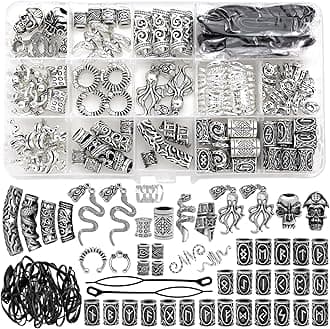 Fscwlmon 207Pcs Viking Hair Jewelry Nordic Runes Tube Beads,Accessories Kit for Braids Dreadlock Beard Locs,Metal Clips Cuff Rings,Braiding Beard Decoration Bracelets Pendant Necklace DIY Silvery
