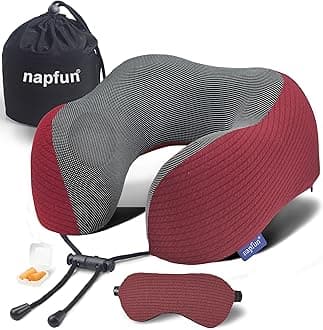 napfun Neck Pillow for Traveling, Upgraded Travel Neck Pillow for Airplane 100% Pure Memory Foam Travel Pillow for Flight Headrest Sleep, Portable Plane Accessories, Wine-Red Set