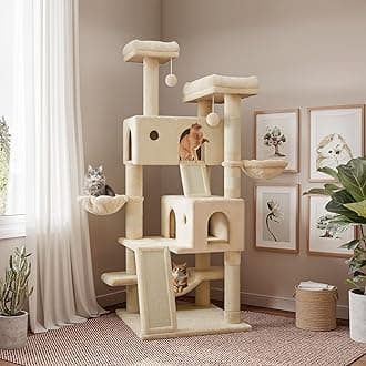 65in Larger Cat Tree Tower Condo for Indoor Kitties/Multi-Level Furniture Activity Center with Wide Base/Cozy Plush Cat Perches/Baskets/Sisal Scratching Posts and Hammock/Beige