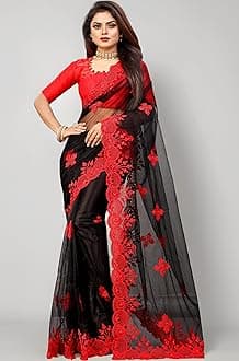 BARKIYA CREATION Women's Fashion Net Fabric Saree With Unstitch Blouse Piece