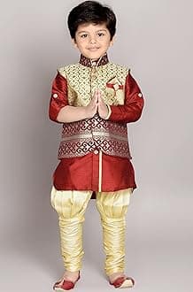 AJ DEZINES Kids Ethnic Wear Kurta Pyjama Waistcoat Set for Boys (636-MAROON-2)