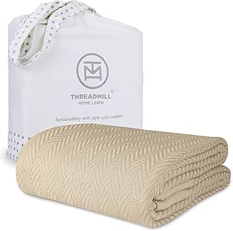 Threadmill Luxury Cotton Blankets for Queen Size Bed | All-Season 100% Cotton Queen Size Blanket | Herringbone Cozy, Soft Breathable Fall Thermal Blanket fits Full Size Bed, 90x92 | Beige