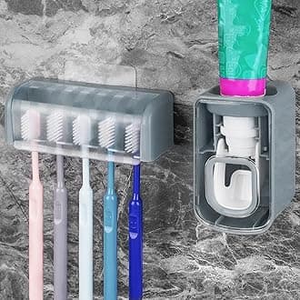 5 Slots Wall Mount Toothbrush Holder with Cover, Self Adhesive Toothbrush Storage Organizer for Shower, Toothbrush Hanger with Automatic Toothpaste Squeezer Dispenser (Grey)