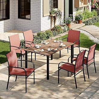 Patio Table and Chairs Set, Outdoor Dining Set for 6 with Red Chairs and Teak Color Tabletop Outdoor Dining Table, 7-Piece Patio Furniture Set for Deck Backyard Lawn