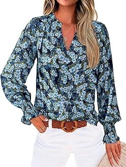 Womens V Neck Floral Long Sleeve Tops 2026 Summer Casual Loose Puff Sleeve Chiffon Boho Work Blouse Dressy T Shirts