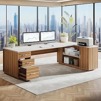 Tribesigns 85.8" L-Shaped Executive Desk, Extra Large Office Desk with File Drawers, Modern Business Furniture, Computer Desk Workstation with Door Cabinet, Shelves for Home Office, White & Brown