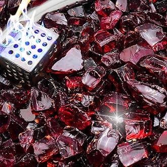 NUPICK 10 Pound Fire Glass, 1/2 Inch Shiny Fire Pit Glass, Tempered Firepit Glass Rock for Propane or Natural Gas, Glass Rocks for Fire Pit Table, Fireplace Glass for Landscaping, Red