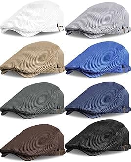 Chuarry 8 Pack Men's Mesh Flat Cap Breathable Summer Newsboy Hat Cabbie Driving Hats for Men, Black, White, Coffee, Khaki, Dark Gray, Light Gray, Navy, Sapphire Blue, Medium