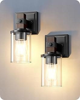 EDISHINE Wall Sconces Set of 2, Farmhouse Vanity Light Fixtures with Clear Glass Shade & Dark Brown Wood Grain Paint, 1-Light Wall Mount Lamp for Bathroom, Hallway, Living Room, Mirror, Kitchen