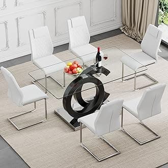 7 Piece Dining Table Set,Glass Dining Table Set for 6，Modern Dining Table and Faux Leather Padded Seats for Kitchens, Living Rooms, Bedrooms (Silver Table-White Chair A-6)