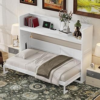 SOFTSEA Twin XL Size Horizontal Murphy Bed, Hideaway Wall Bed with Desk, Storage Shelves, LED Light & USB Ports, Space-Saving Foldable Cabinet Bed Frame for Guest Room, Bedroom, Office, White