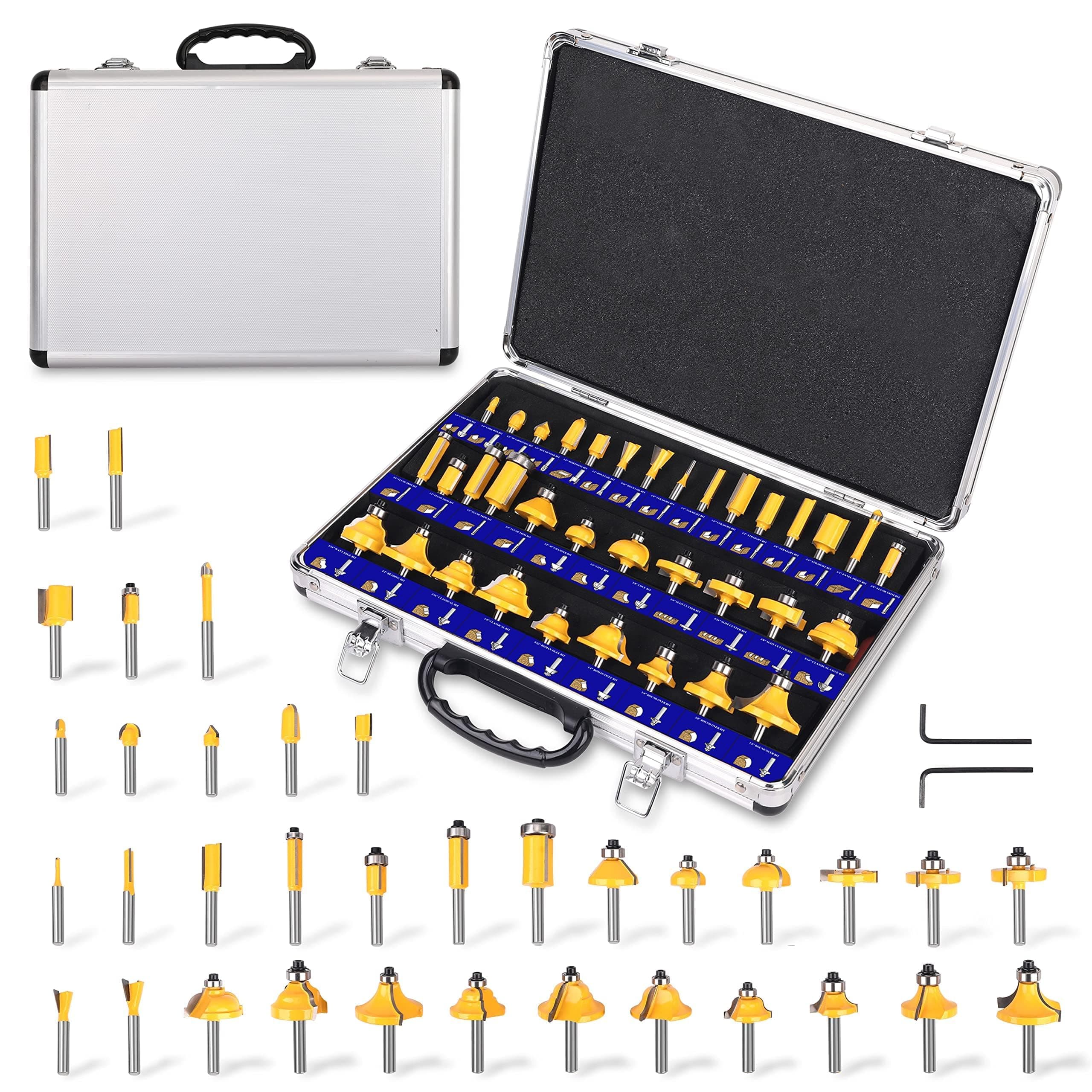 Router Bits Set, Tungsten Carbide Router Bits Set 1/4 Shank, Router Bit Kit for DIY, Woodworking Project, 35 Piece Set with Premium Aluminum Carry Storage Case