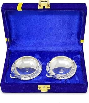 Silver Plated Kuber Diya with Blue Velvet Gift Box Decorative Dia Pooja Items Diwali Decoration Puja Gifts Handmade Oil Lamp Traditional Indian Deepawali Gift Items