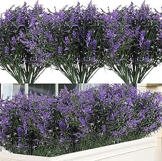 – 12 Bundles Artificial Lavender Flower Plastic UV Resistant Outdoor Plant Bush Fake Greenery Plant Flowers for Garden Yard Porch Window Indoor Outside Decoration(Purple)