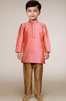 JBN Creation Boys' Full Sleeve Silk Blend Kurta Pyjama Set with Mandarin Collar, Featuring Ethnic Motifs, Self-Design, and Embellishments - Perfect for Festivals and Special Occasions