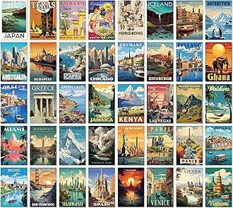 97 Decor Vintage Travel Decor For Home - 40 Pcs Vintage Travel Posters For Classroom, Around The World Wall Art Prints, Retro Geography Destination Collage For Bedroom Dorm Decorations (4x6)