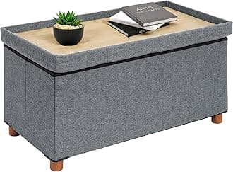 B FSOBEIIALEO Storage Ottoman with Tray, Foot Stools and Ottomans with Legs, Storage Cube Seat Linen Grey 30"