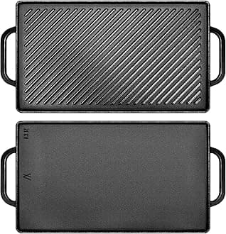 Cast Iron Reversible Griddle, Double-sided Griddle Pan for Indoor and Outdoor Cooking, 15 x 9 Griddle Plate with Flat and Ribbed Side for Stove Tops, Gas Grills and Camping