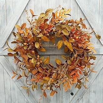 Artificial Fall Wreath for Front Door Autumn Wreath with Bright Oak Leaves,Small Pumpkin,Berry Branches,Mixed Leaves for Farmhouse Indoor Outdoor Window Wall Door Decor