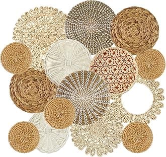 Xuhal 15 Pcs Boho Wall Basket Decor Handcrafted Seagrass Woven Wall Basket Rustic Round Woven Hanging Art for Home Farmhouse Kitchen Table Living Room(Fresh Style)