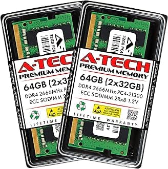 A-Tech 64GB Kit (2x32GB) DDR4 2666MHz PC4-21300 ECC SODIMM 2Rx8 Dual Rank 1.2V 260-Pin RAM Memory Upgrade Modules for Microserver, Workstation, and Networking Platforms