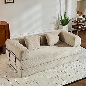 Corduroy Floor Sofa Bed, Convertible Folding Couch Bed with Fixed-Shape Frame and Armrest for Living Room Bedroom Lounge Studio-Beige