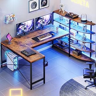 SEDETA L Shaped Desk with Storage Shelves, 62.6" U Shaped Computer Desk, L Shaped Gaming with LED Lights and Hook for Home Office, Rustic Brown