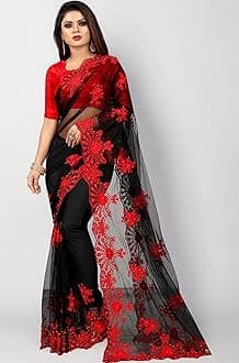 BARKIYA CREATION Women's Embroidered Work Net Saree With Unstitch Blouse Piece.