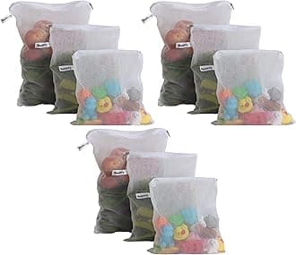 Beddify Set of 9 Reusable Fridge Storage Bags for Vegetables and Fruits with Zipper Dual Layer Mesh Net Multipurpose Multi-Size Kitchen Storage Bags Organizer (White)