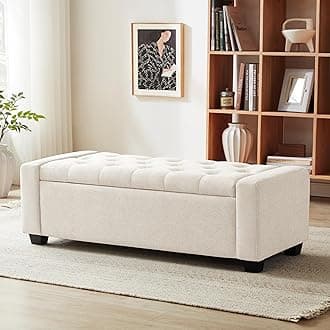 Huatean Home 48 Inch Ottoman Sofa with Storage Ottoman Sofa with Safety Hinge Upholstered Entrance Bench with Seat for Bedroom Living Room Holds Up to 350kg Beige
