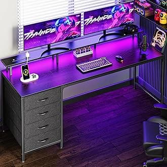 Huuger 63 Inch Computer Desk with Power Outlets and LED Lights, Gaming Desk with 4 Drawers, Office Desk with Monitor Stand, Study Desk Work Desk for Home Office, Black