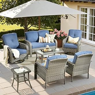 ovios 7 Pieces Patio Furniture Set, Outdoor Wicker Sofa with Swivel Chairs, Coffee Table, All Weather High Back Rattan Loveseat Couch with Comfy Cushions, Denim Blue