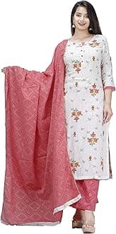 MEERA FABWomen Pink Cotton Printed Kurta with Palazzo & Dupatta Set