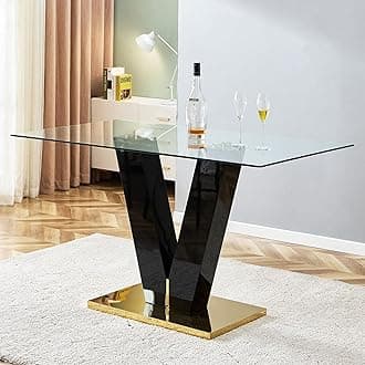 Modern Glass Bar Dining Table for 4 6, Rectangular Glass Kitchen Table with 0.39" Tempered Glass Tabletop and V-Shaped Pedestal Glass Dining Room Table for Kitchen Dining Room (Black10)