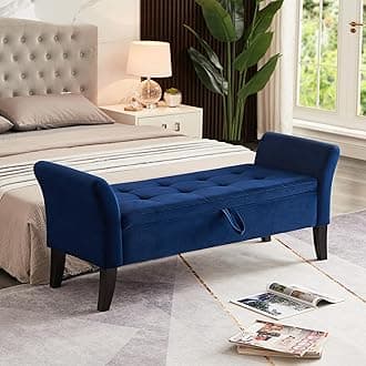 Storage Ottoman Bench, Velvet Benches End of Bed Bench with Solid Wood Legs Upholstered Ottoman with Storage Indoor Bench for Living Room with Rolled Arm, Entryway, NavyBlue