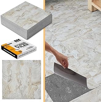 Vinyl Floor Tiles - 30 Pack / 30sqf (2.79 sqm) - 12x12 inch (30.5x30.5cm) - Beige Marble Flow - Peel and Stick - For Kitchen, Living Room and Bathroom
