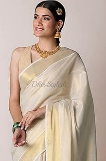 Women's Kerala Kasavu Golden Tissue Plain Saree with Running Blouse | Saree length: 6.25 Meters | Blouse: Running Blouse only